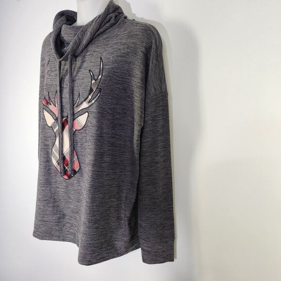 Maurices Womens Sweatshirt Gray Plaid Reindeer Cowl Neck Pullover Cozy Medium - Picture 5 of 11